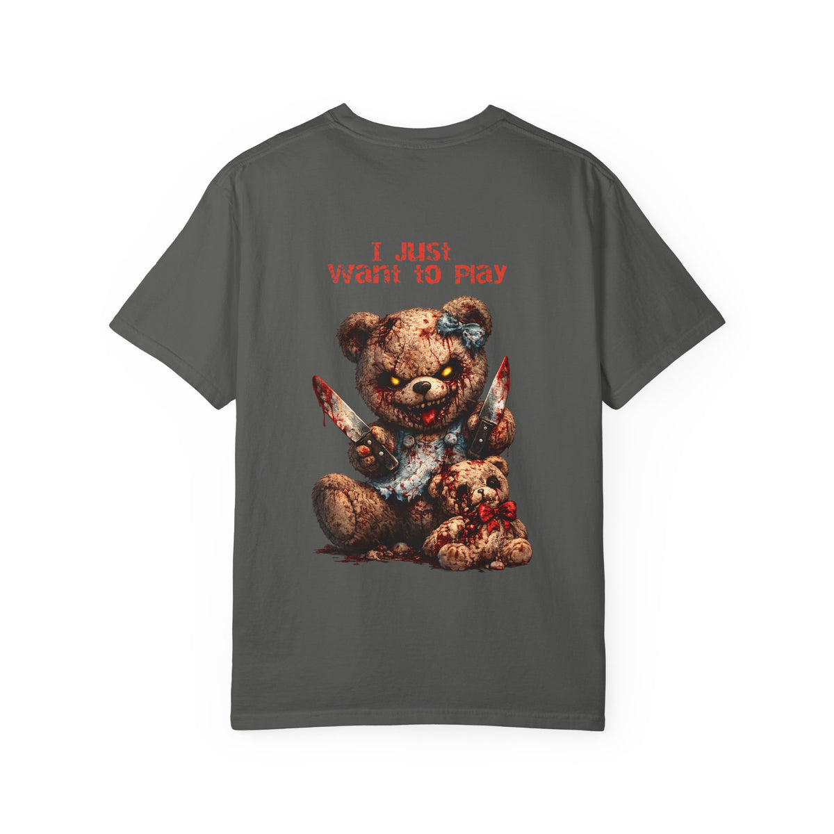 Graphic T-Shirt — 'I Just Want to Play' Bloody Teddy Horror Tee