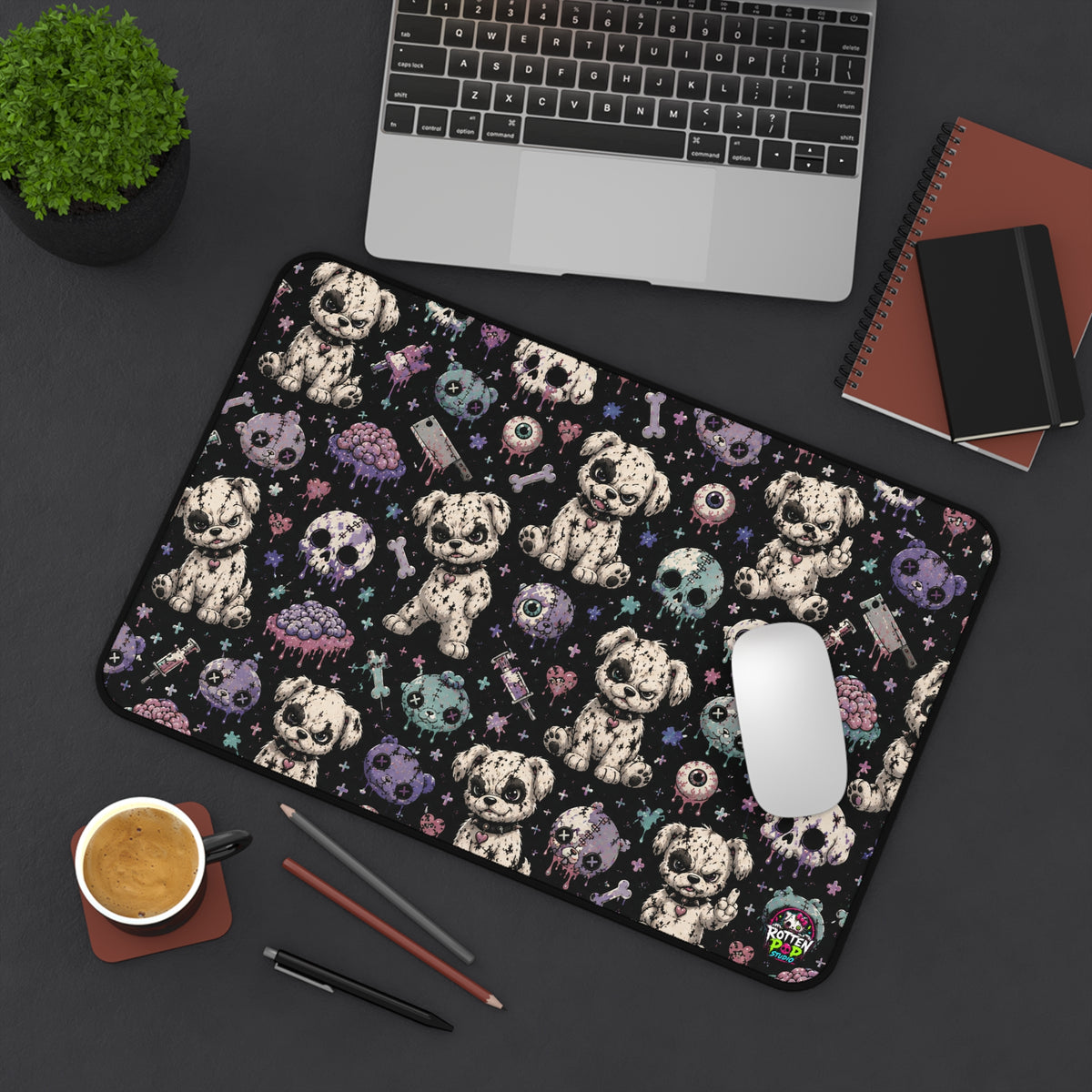 Spooky Cute Skull Puppy Desk Mat — Gothic Gaming Mouse Pad