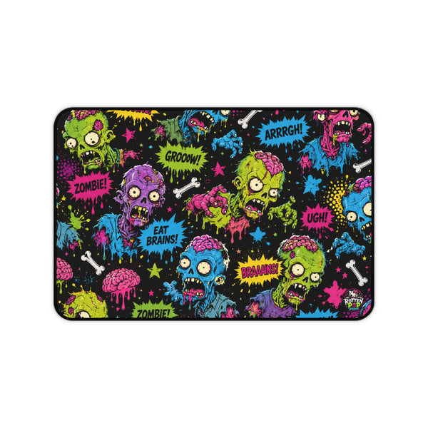 Zombie Comic Desk Mat — Colorful Retro Horror Gaming Mouse Pad ("Eat Brains!" Design)