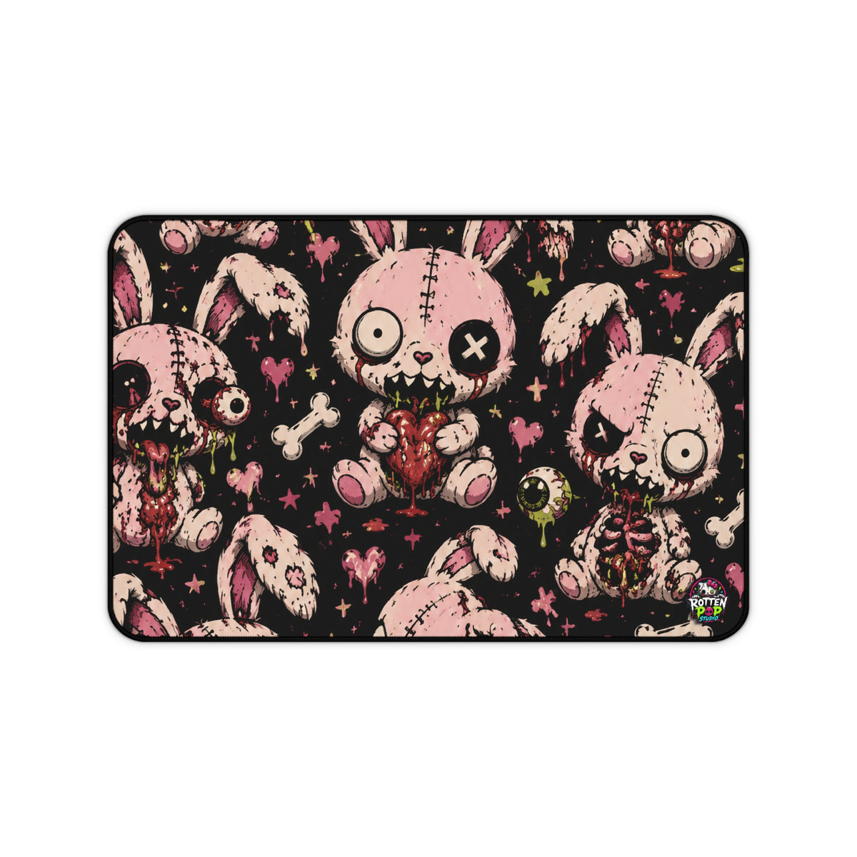 Gothic Cute Zombie Bunny Desk Mat — Pink Creepy Plush Gaming Mouse Pad