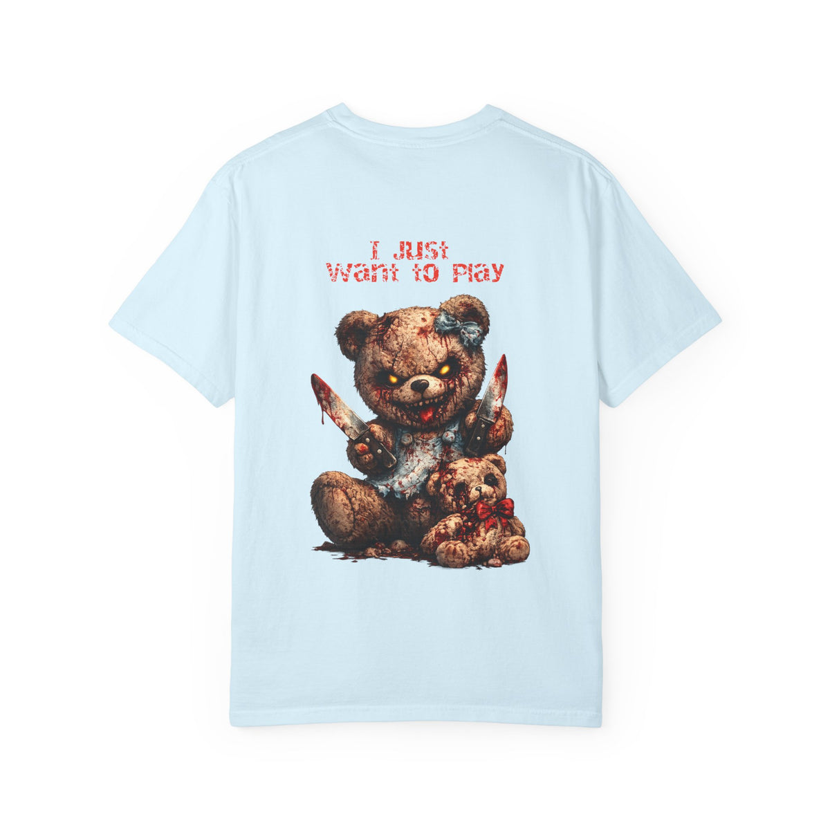 Graphic T-Shirt — 'I Just Want to Play' Bloody Teddy Horror Tee