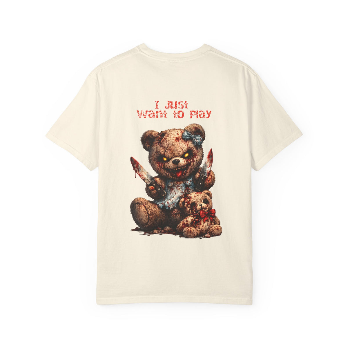 Graphic T-Shirt — 'I Just Want to Play' Bloody Teddy Horror Tee