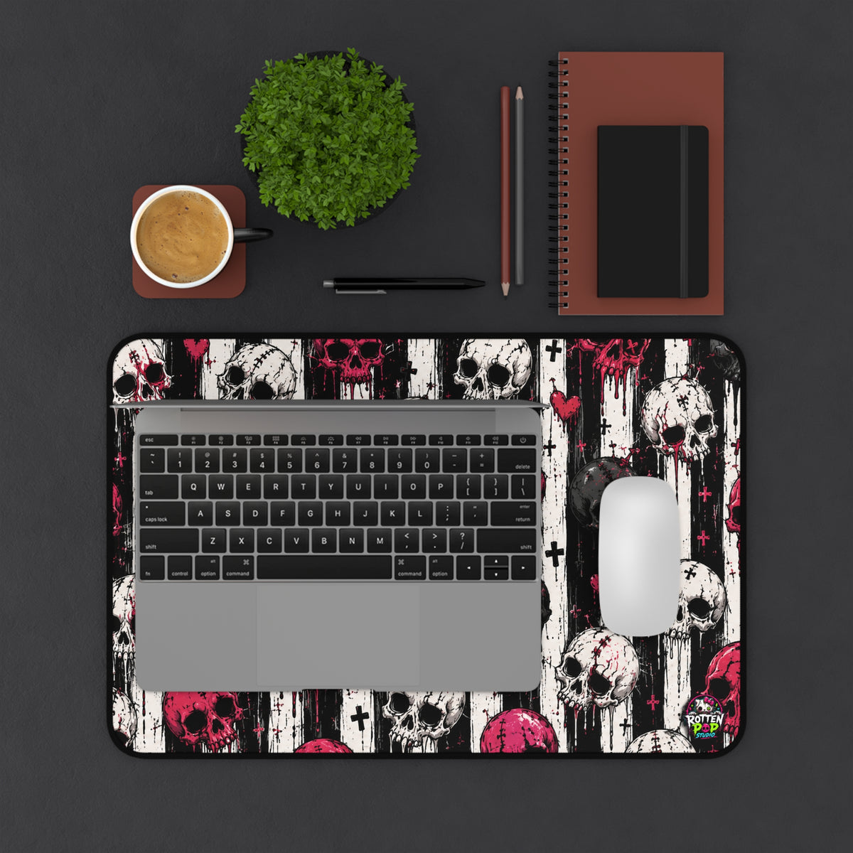 Skull Stripe Desk Mat — Gothic Pink & Black Gaming/Office Mouse Pad