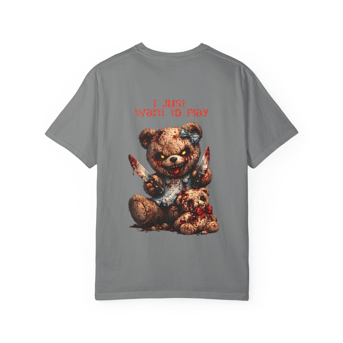 Graphic T-Shirt — 'I Just Want to Play' Bloody Teddy Horror Tee