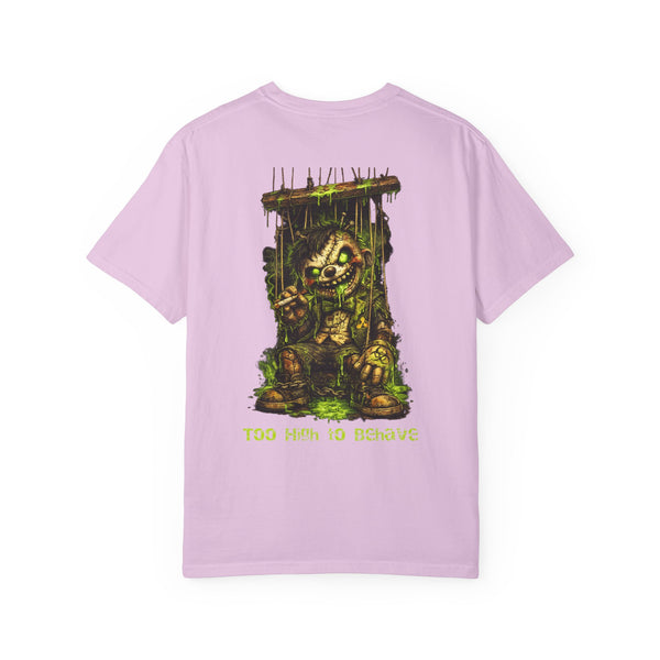 T-shirt — 'Too High to Behave' Grunge Monster Back Print