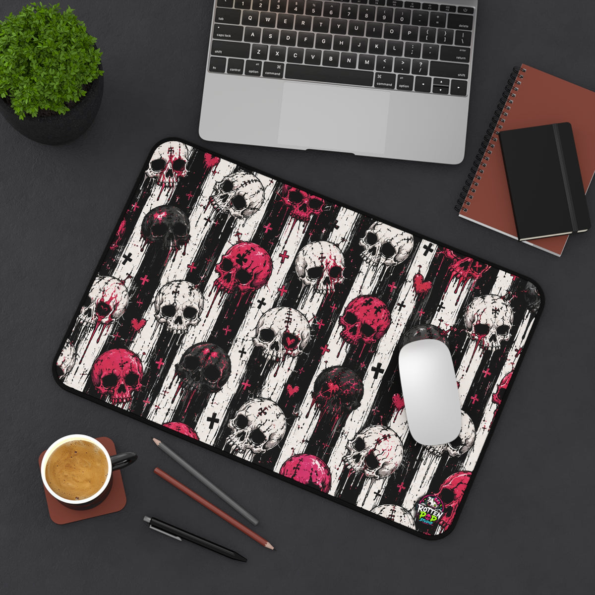 Skull Stripe Desk Mat — Gothic Pink & Black Gaming/Office Mouse Pad