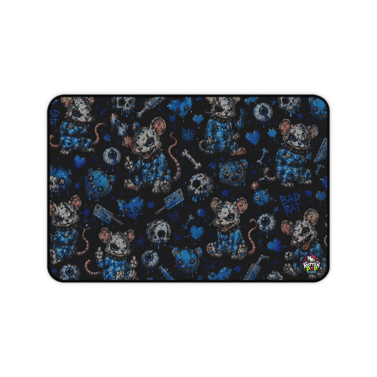 Dark Cute Grunge Desk Mat — Blue Patchwork Teddy & 'Bad Day' Pattern