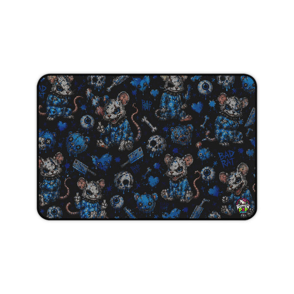 Dark Cute Grunge Desk Mat — Blue Patchwork Teddy & 'Bad Day' Pattern