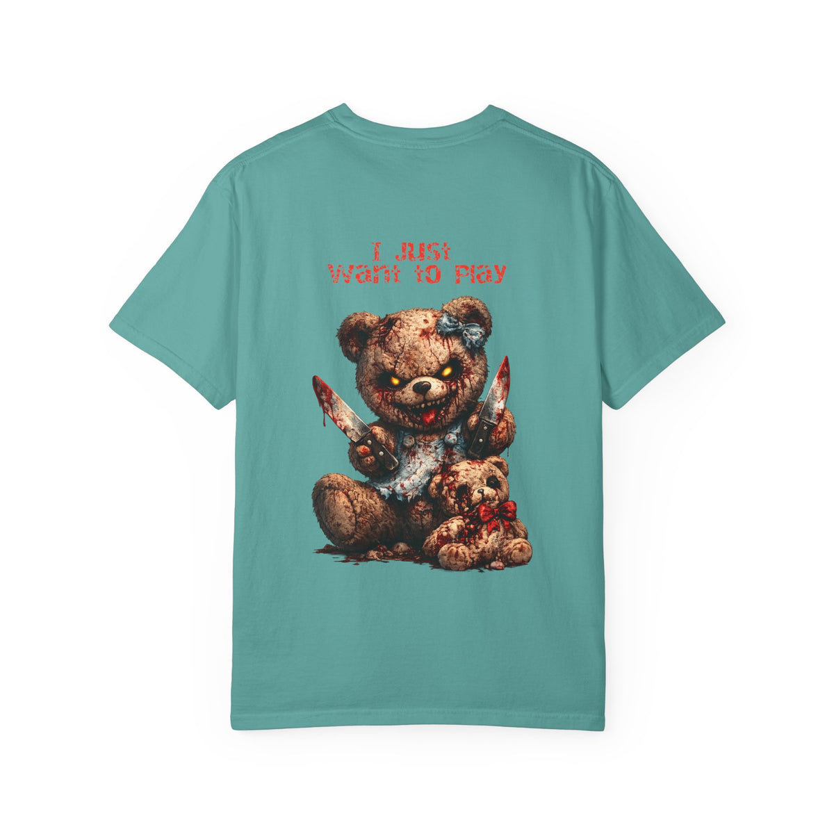 Graphic T-Shirt — 'I Just Want to Play' Bloody Teddy Horror Tee