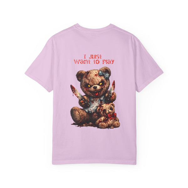 Graphic T-Shirt — 'I Just Want to Play' Bloody Teddy Horror Tee