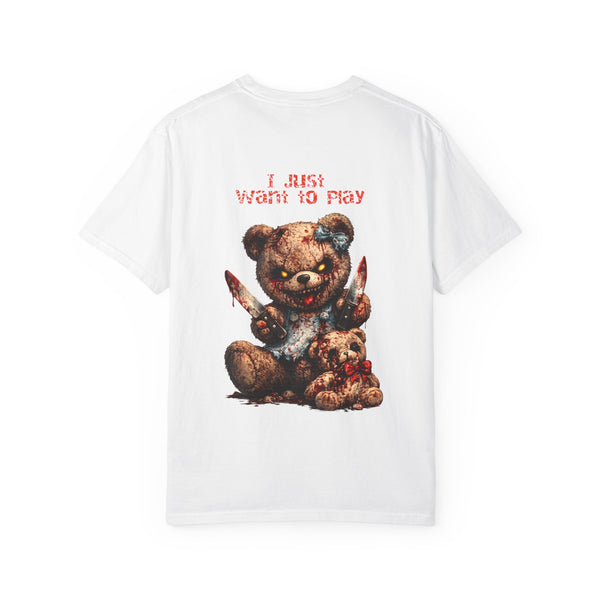 Graphic T-Shirt — 'I Just Want to Play' Bloody Teddy Horror Tee