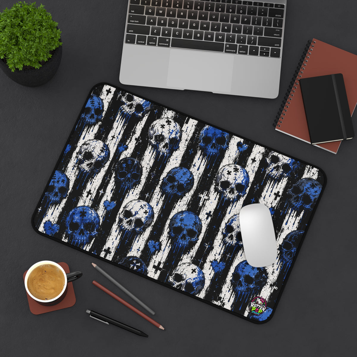 Blue Skull Pattern Desk Mat — Gothic Gamer Mouse Pad
