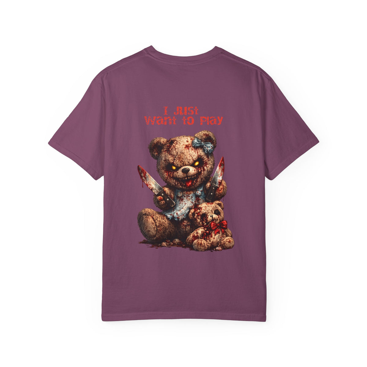 Graphic T-Shirt — 'I Just Want to Play' Bloody Teddy Horror Tee