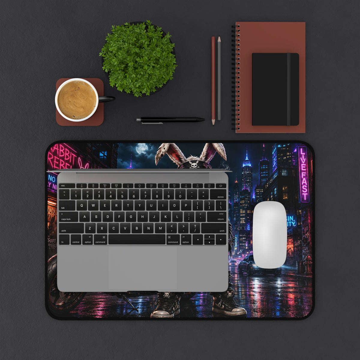 Biker Bunny Nightscape Desk Mat — Rebel Rabbit Motorcycle Gaming Mouse Pad