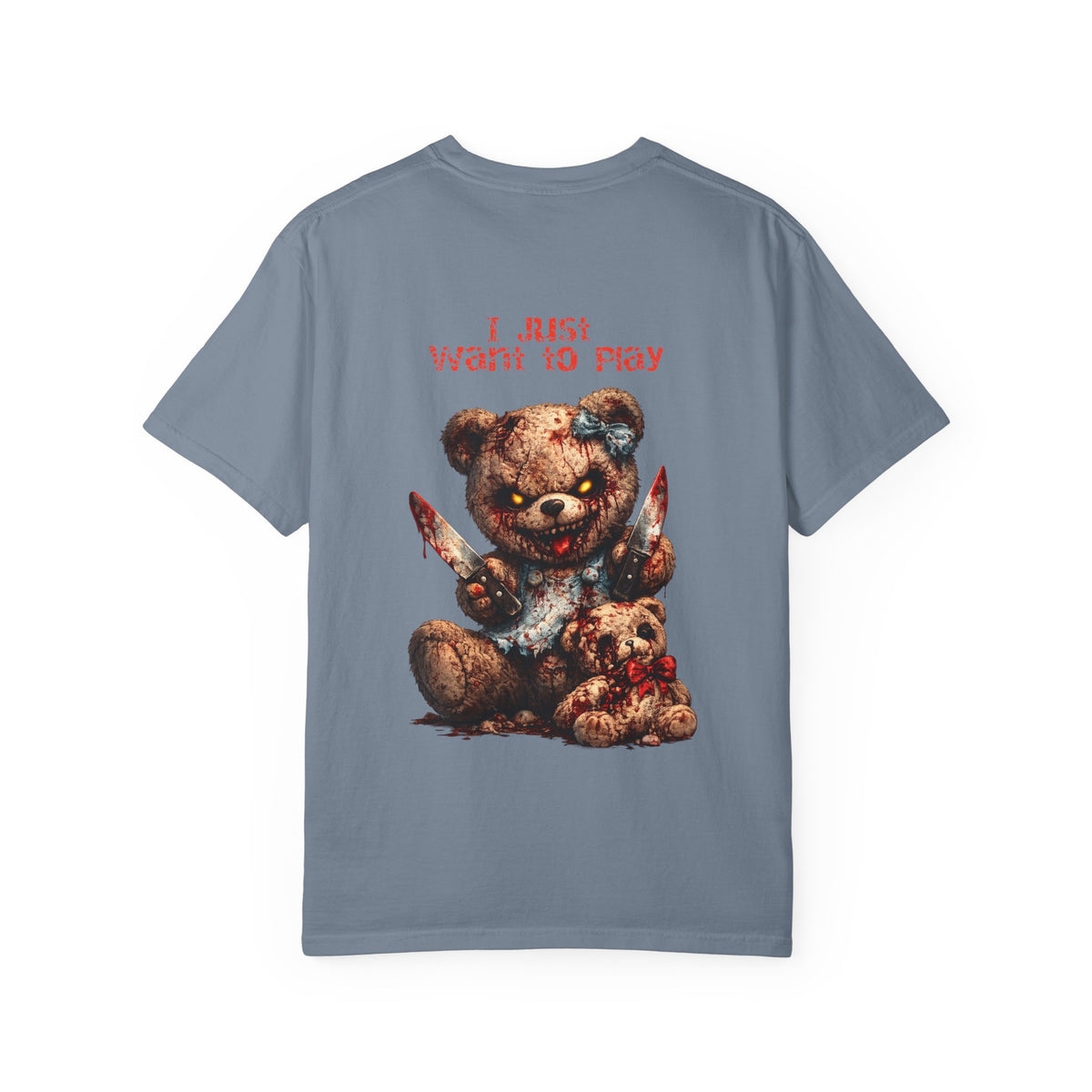 Graphic T-Shirt — 'I Just Want to Play' Bloody Teddy Horror Tee
