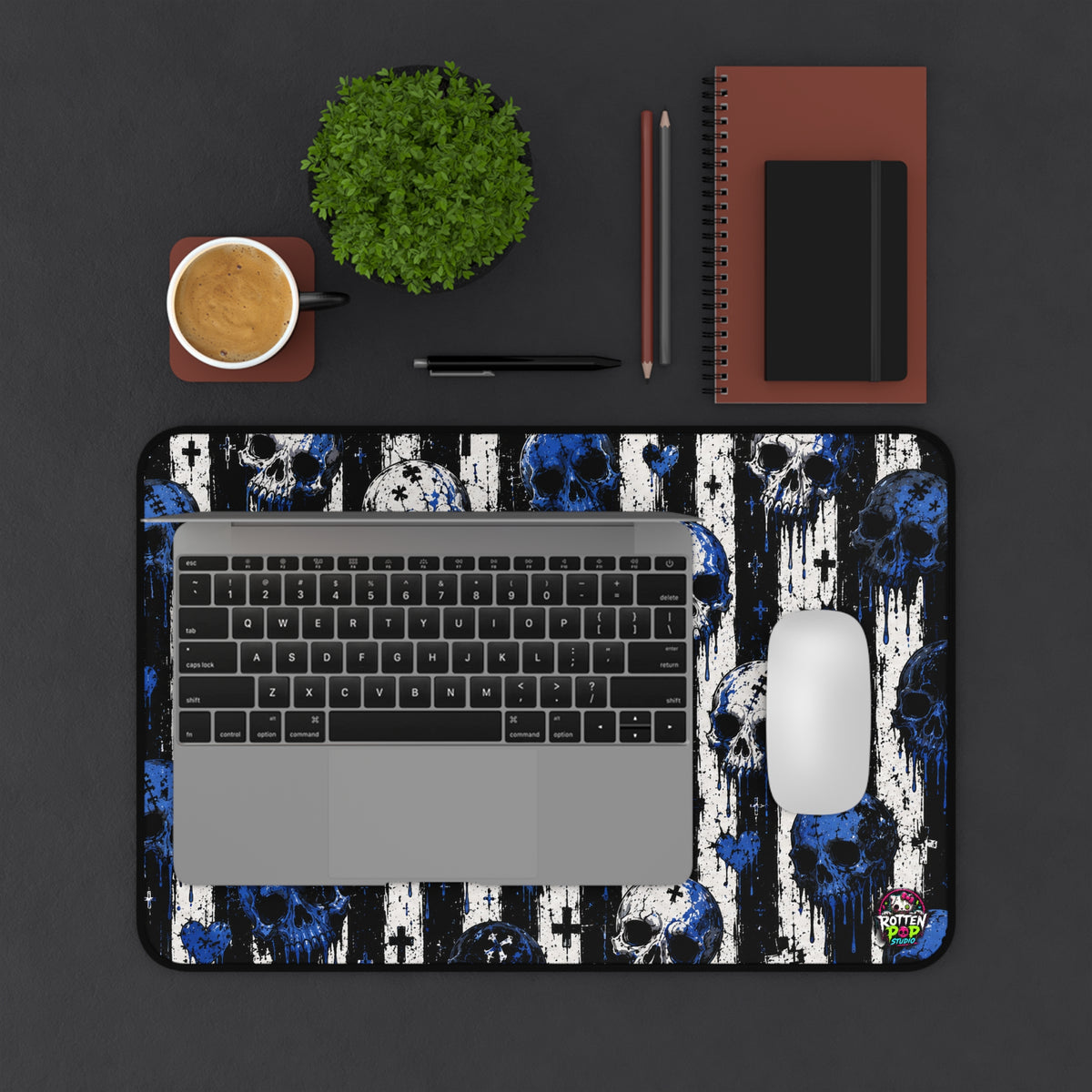 Blue Skull Pattern Desk Mat — Gothic Gamer Mouse Pad