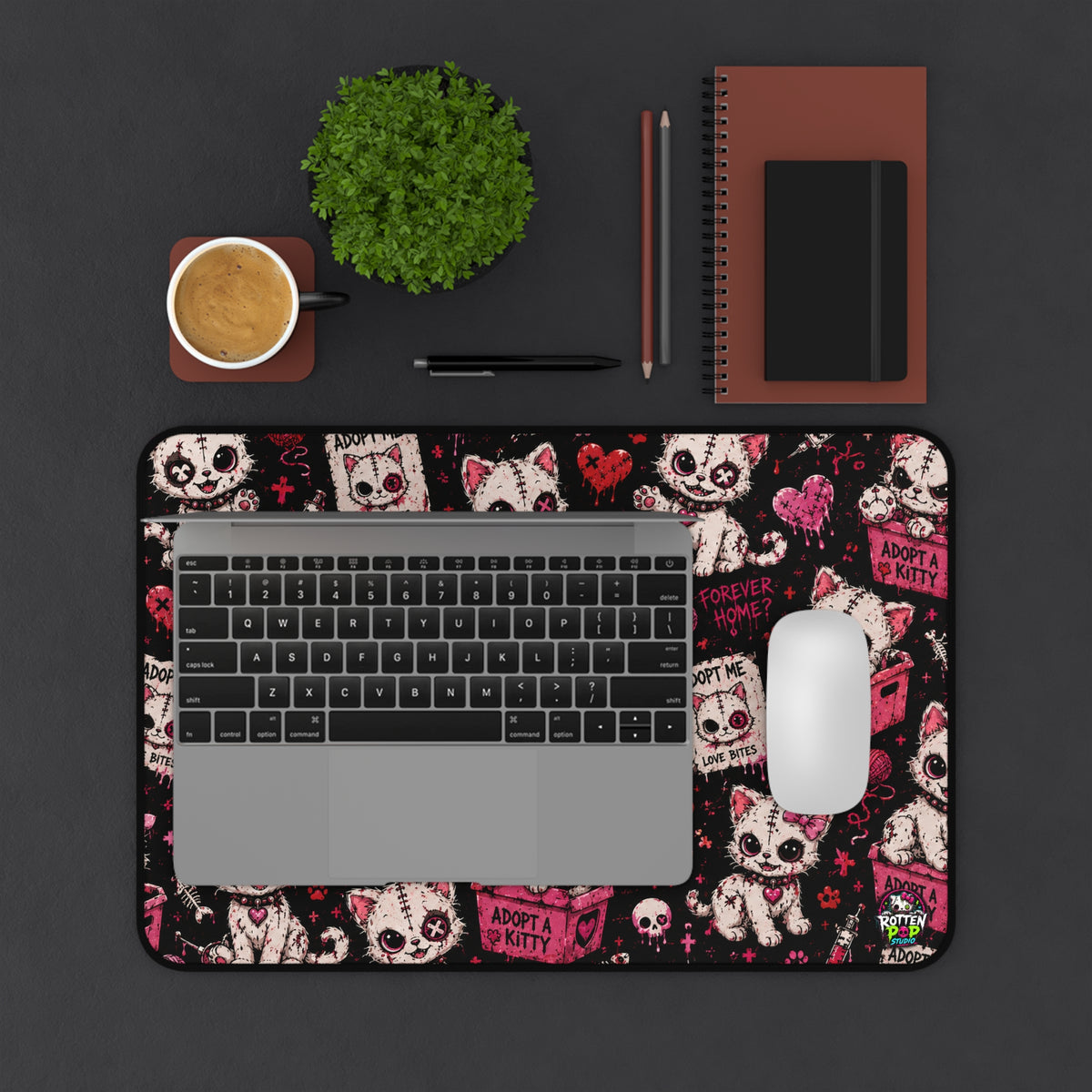 Cute Gothic Cat Desk Mat — ‘Adopt a Kitty’ Patterned Desk Pad