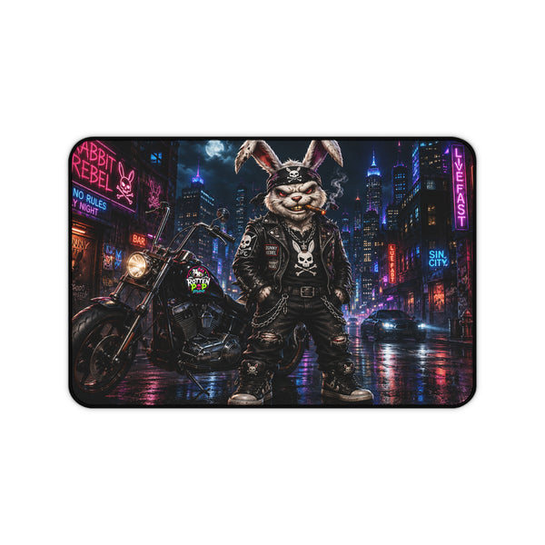 Biker Bunny Nightscape Desk Mat — Rebel Rabbit Motorcycle Gaming Mouse Pad