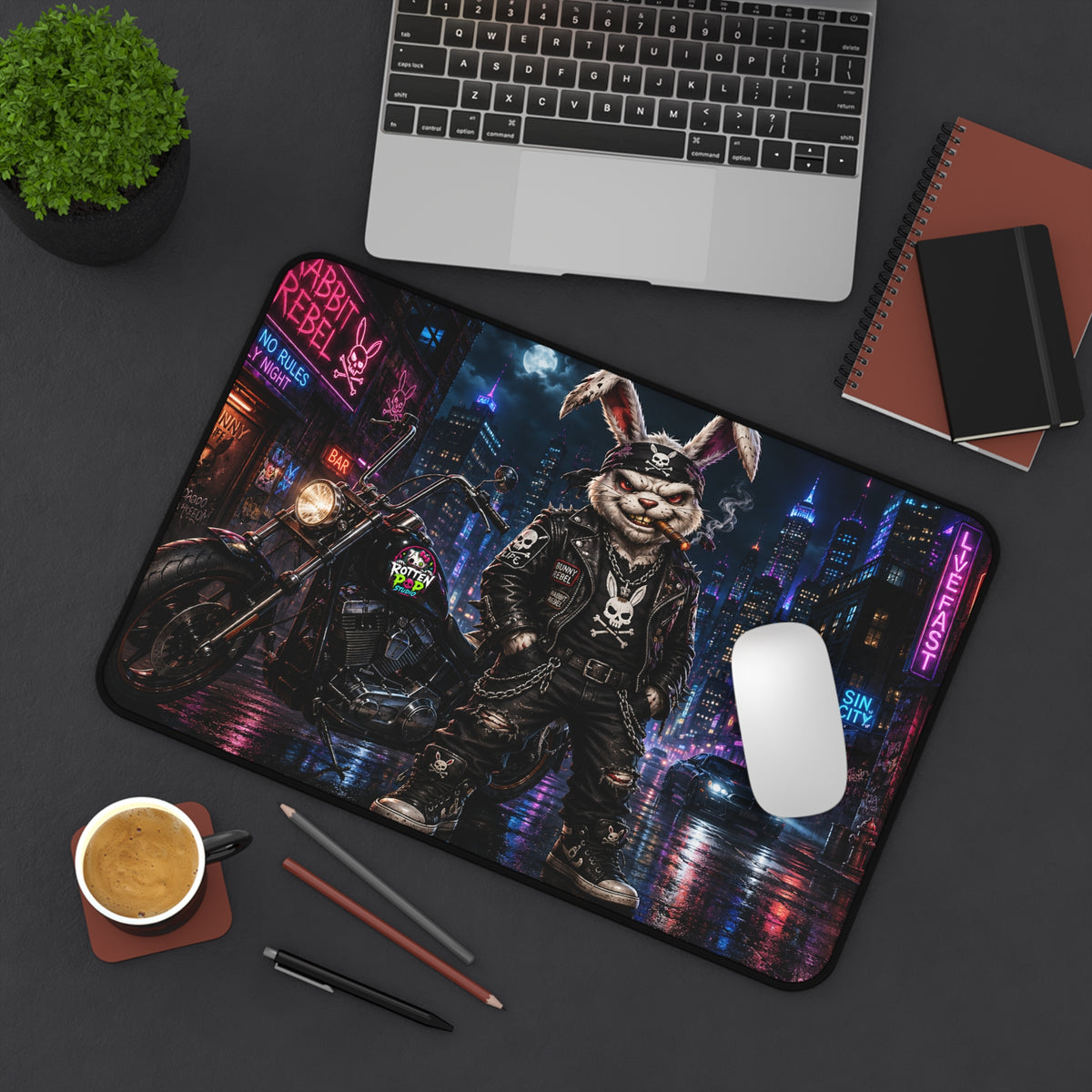 Biker Bunny Nightscape Desk Mat — Rebel Rabbit Motorcycle Gaming Mouse Pad