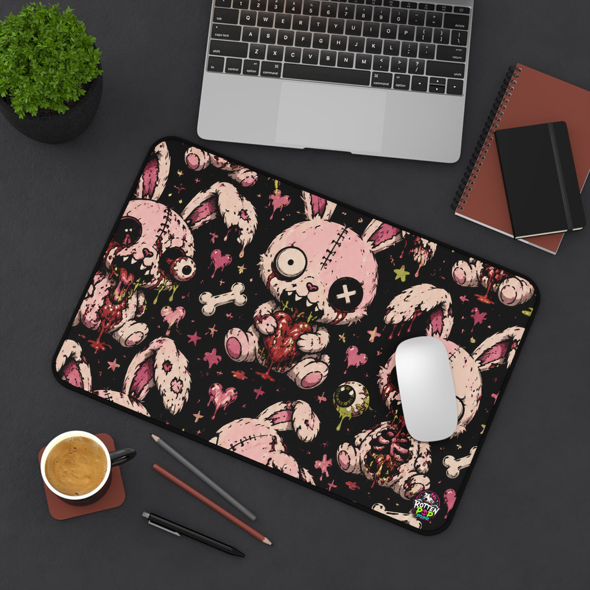 Gothic Cute Zombie Bunny Desk Mat — Pink Creepy Plush Gaming Mouse Pad