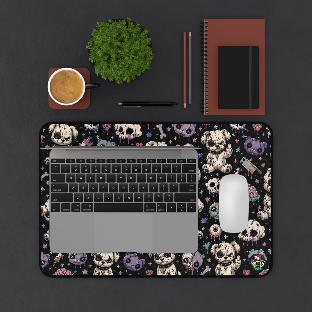 Spooky Cute Skull Puppy Desk Mat — Gothic Gaming Mouse Pad