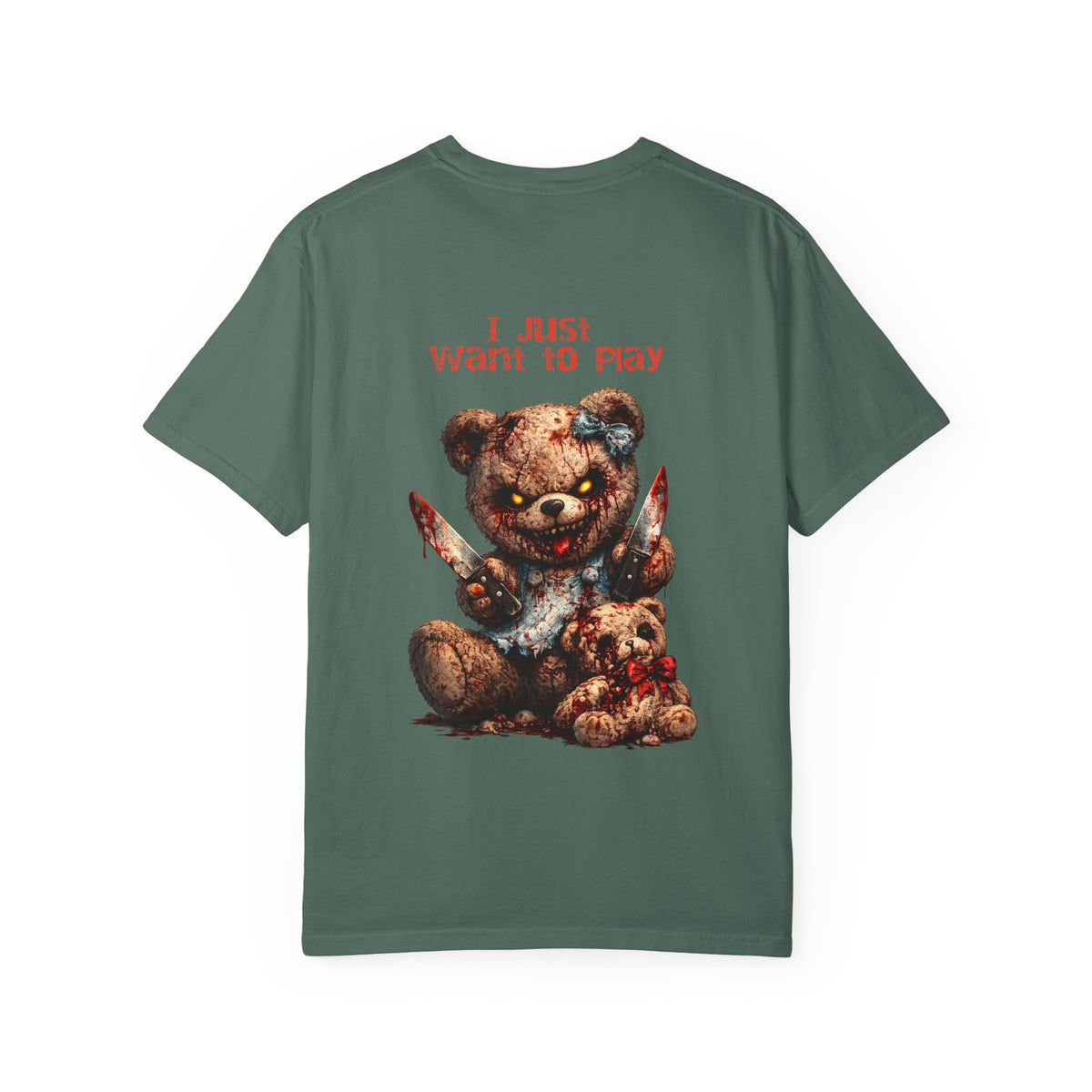 Graphic T-Shirt — 'I Just Want to Play' Bloody Teddy Horror Tee