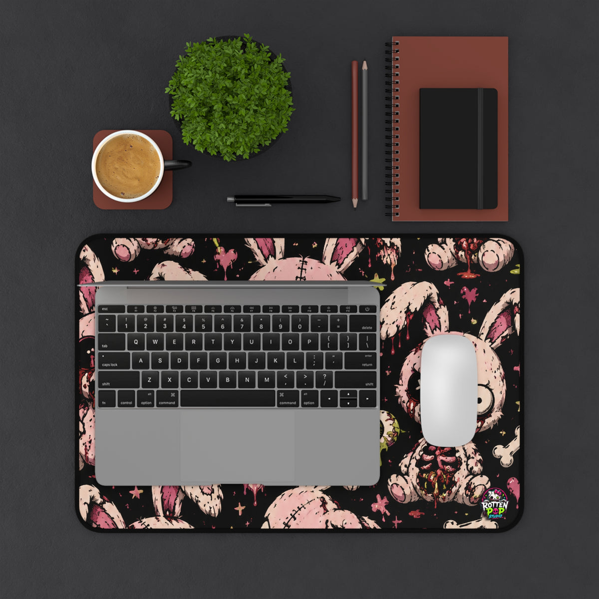 Gothic Cute Zombie Bunny Desk Mat — Pink Creepy Plush Gaming Mouse Pad