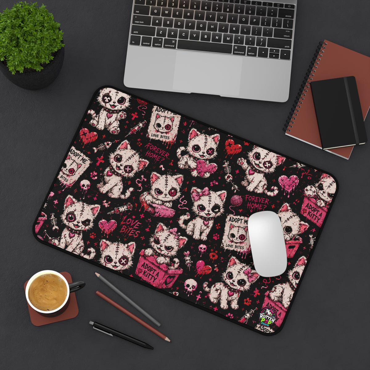 Cute Gothic Cat Desk Mat — ‘Adopt a Kitty’ Patterned Desk Pad